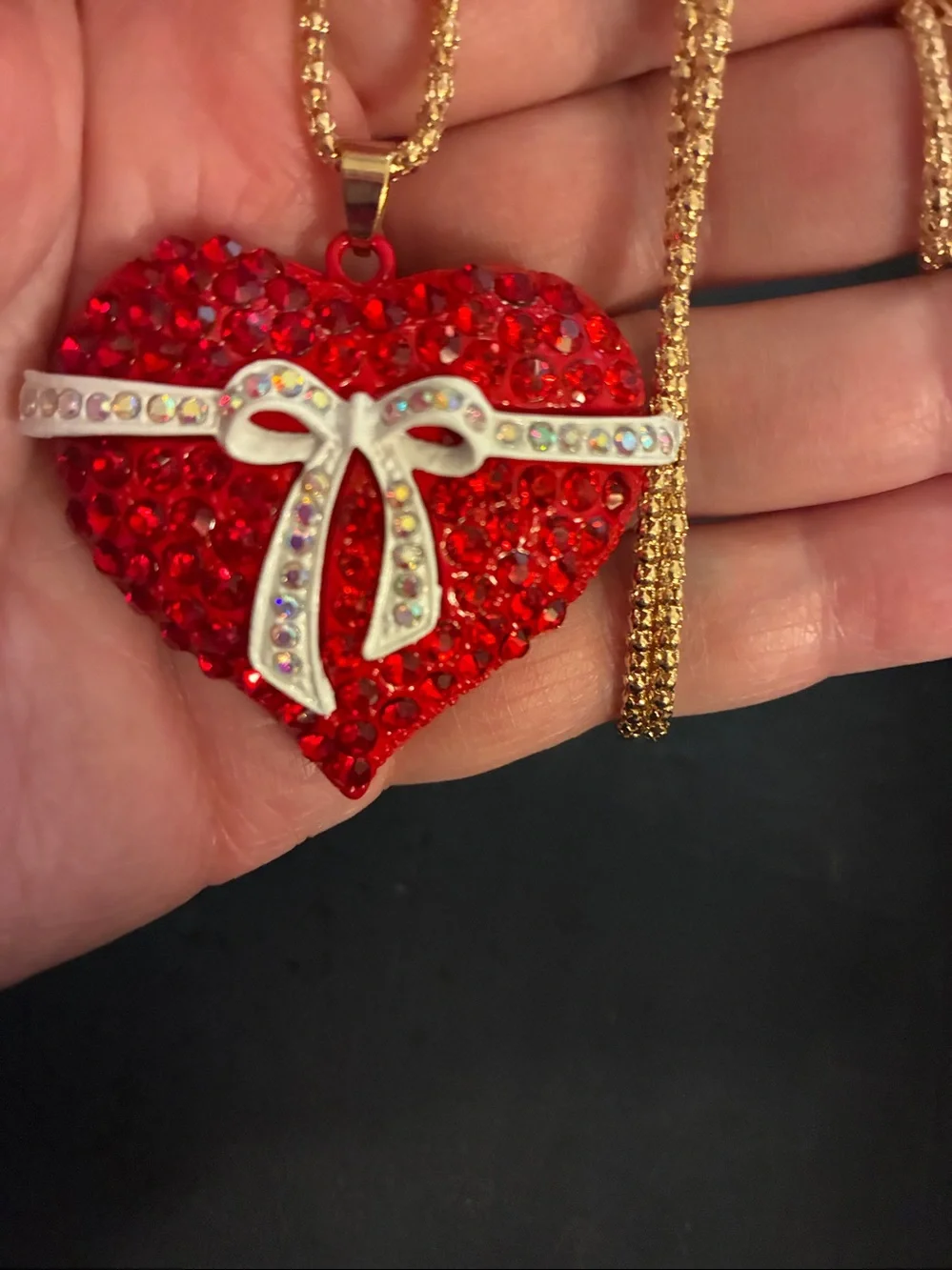 Red Crystal Heart Pendant Necklace with Bow Accent crystals on the bow.